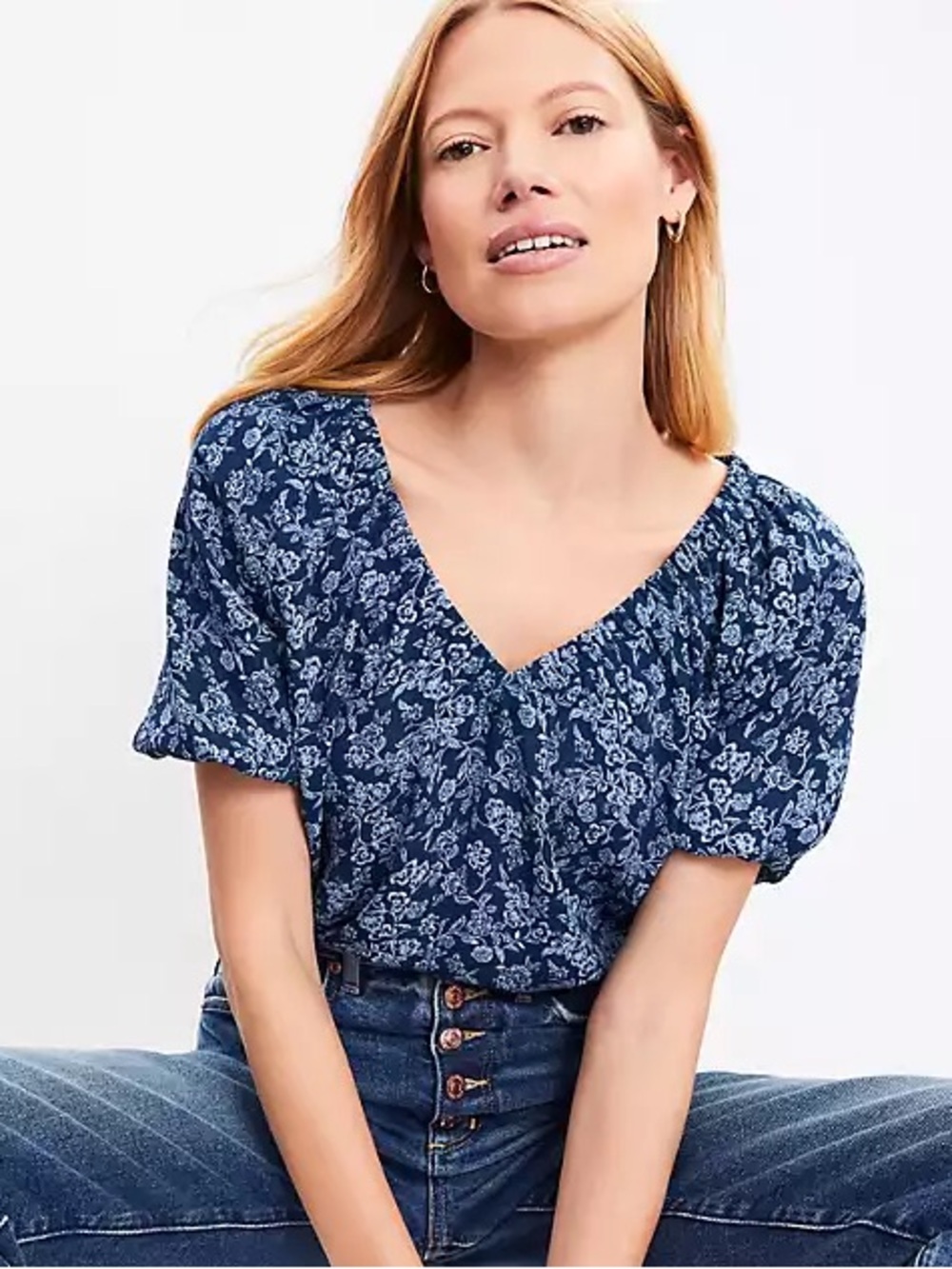Loft petite floral v-neck mixed media top